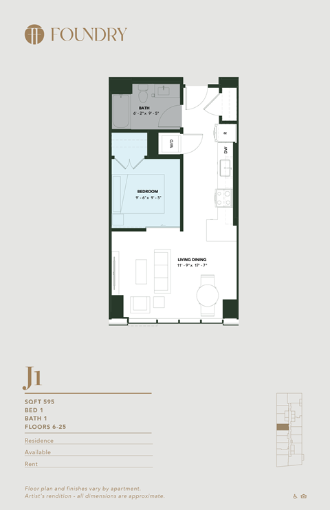 Floor plan for 1 bed, 1 bath, 595 sqft